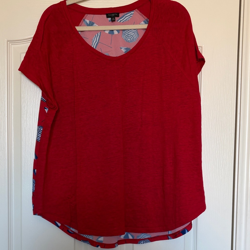 Talbots Vivid Red Short Sleeve Top linen umbrella back swing tee sz 2X